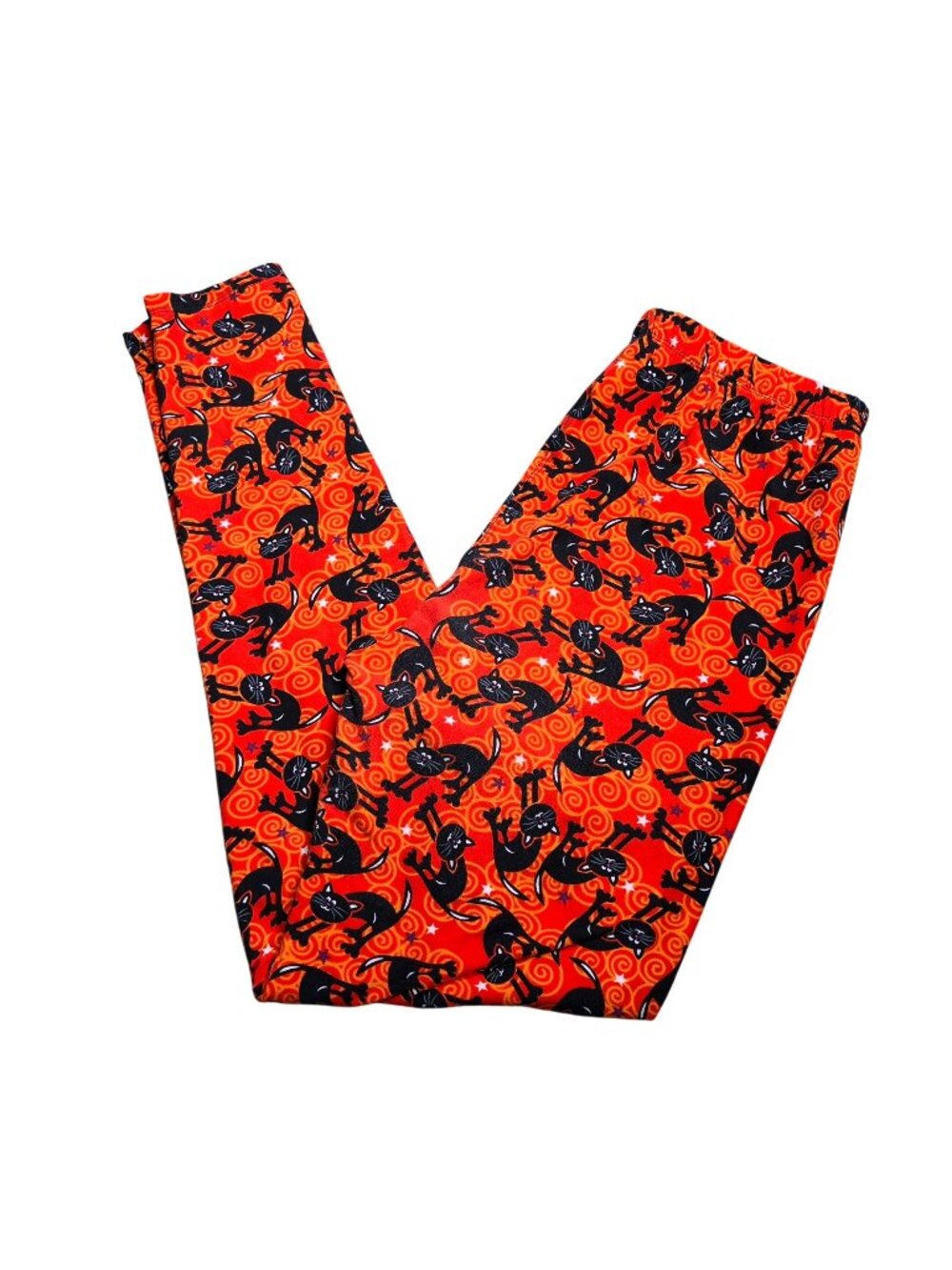 Halloween Black Cat Print Leggings - One Size - Stretchy & Soft Fabric Cozy